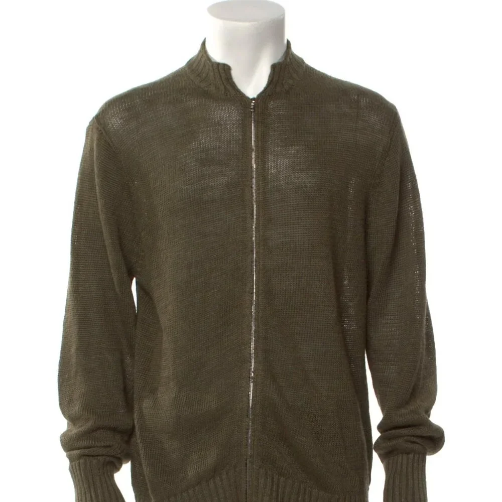 Inis Meain Meáin Linen Mock Neck Zip Up Cardigan Green Long Sleeve Size Large L - Picture 4 of 6